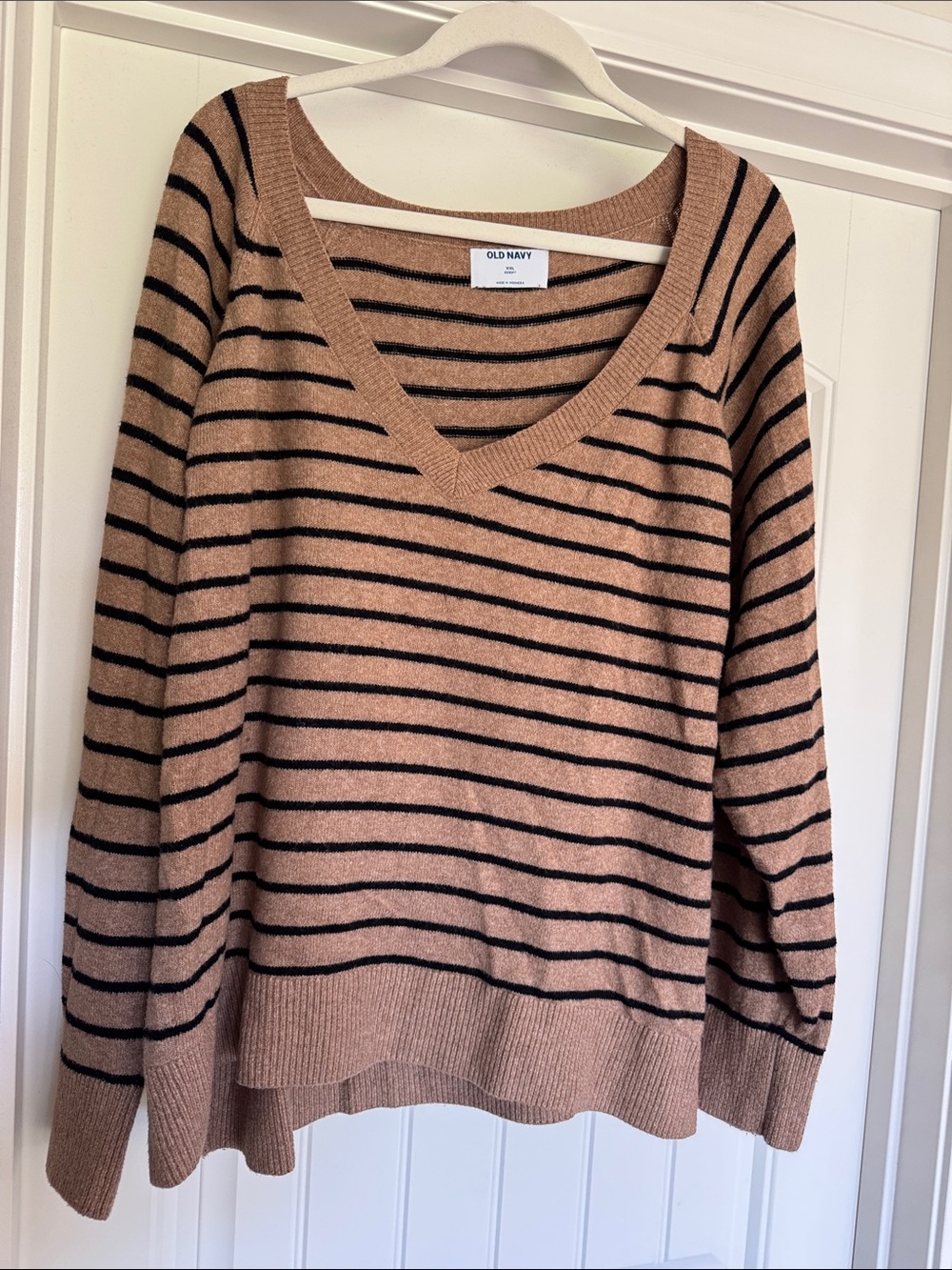 Old Navy Tan Sweater with Black Stripes V-Neck